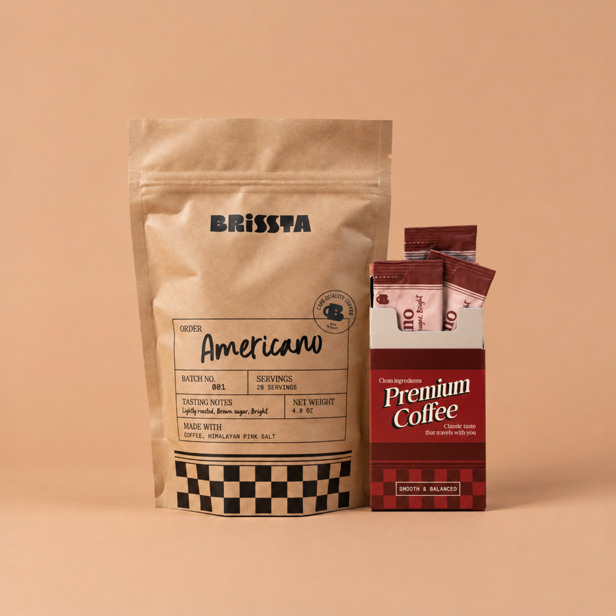 Brissta Americano eco-bag with a Premium Coffee box of stick packs