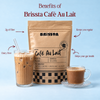Benefits of Brissta Café Au Lait: 2g of prebiotic fiber, dairy free, keeps you regular, and helps your gut health. Bag shown with an iced and a hot latte.