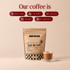 Our coffee is dairy free, 2g fiber, 60 calories, no gums, and no seed oils. Brissta Café Au Lait bag next to a hot latte.